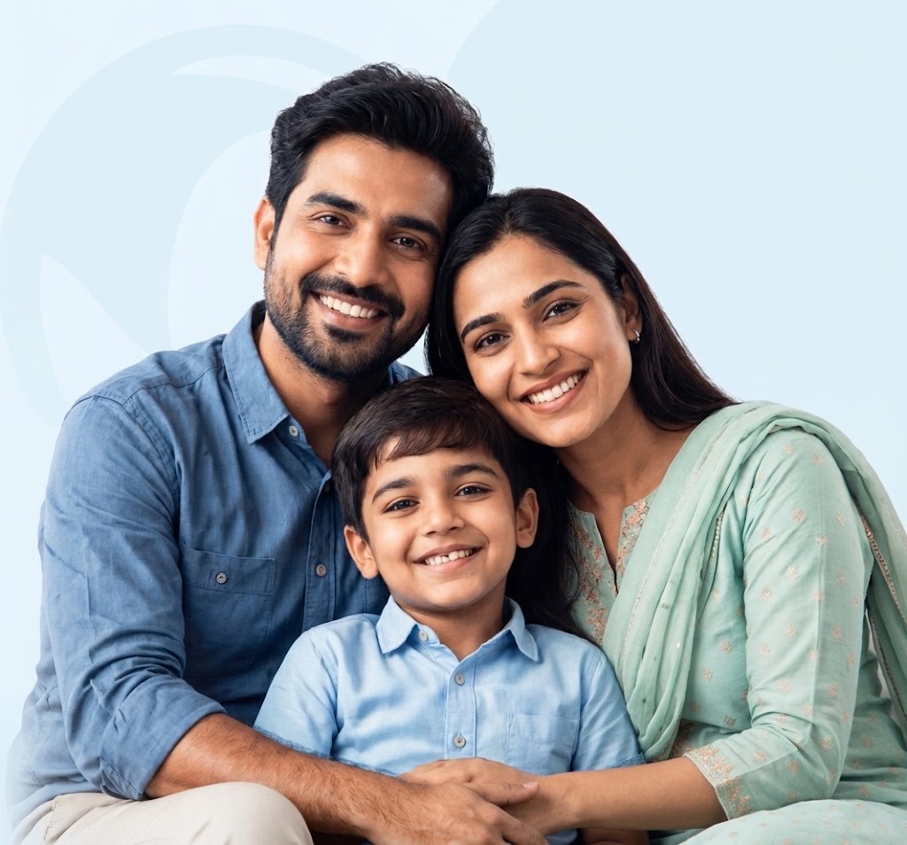 Happy family — father, mother and son — smiling together